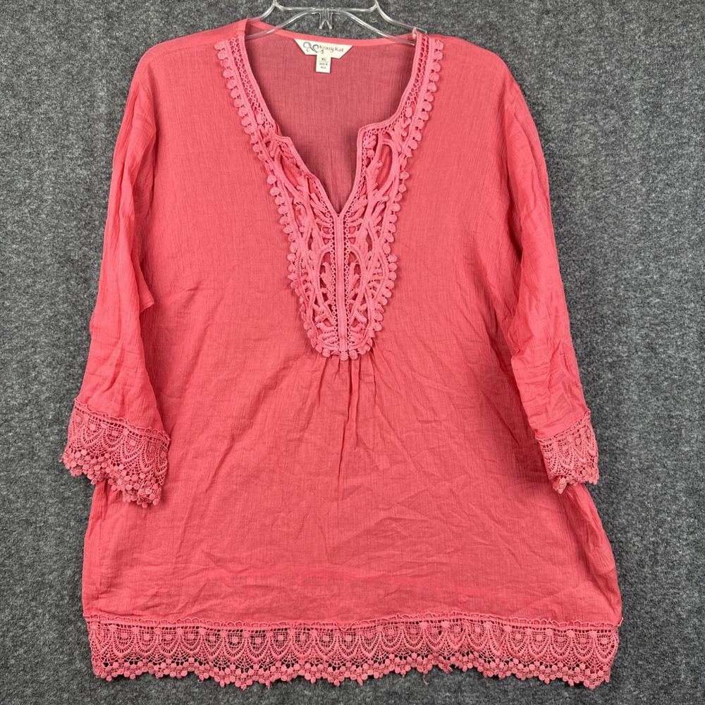 Krazy Kat Coral Boho Lace Trim Blouse Tunic‎ Top Short Sleeve Women's XL